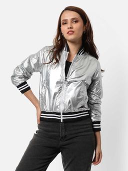 Campus Sutra - Womens Silver Puffer Bomber Jacket