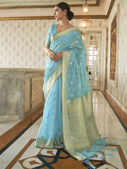 Odette - Womens Silk Blend Turquoise Woven Design Saree with Unstitched Blouse