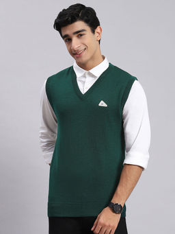 Monte Carlo - Mens Solid Green V-Neck Sleeveless Sweater