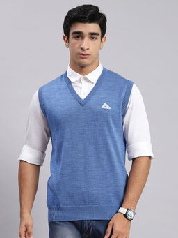 Monte Carlo - Mens Solid Blue V-Neck Sleeveless Sweater