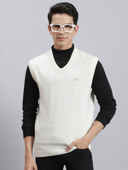 Monte Carlo - Mens Solid Off White V-Neck Sleeveless Sweater