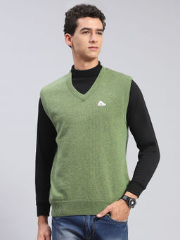 Monte Carlo - Mens Solid Green V-Neck Sleeveless Sweater