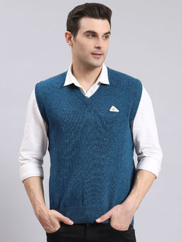 Monte Carlo - Mens Solid Teal V-Neck Sleeveless Sweater