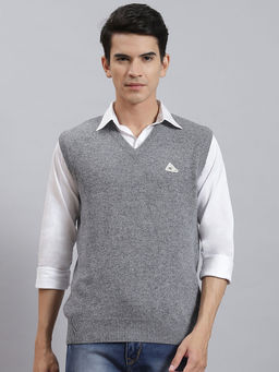Monte Carlo - Mens Solid Grey V-Neck Sleeveless Sweater