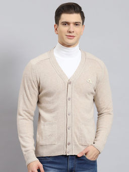 Monte Carlo - Mens Solid Beige V-Neck Full Sleeves Cardigan