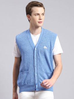 Monte Carlo - Mens Solid Blue V-Neck Sleeveless Cardigan