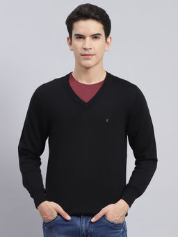 Monte Carlo - Mens Solid Black V-Neck Full Sleeves Sweater