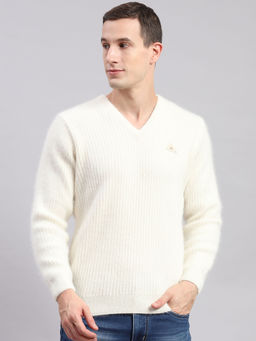 Monte Carlo - Mens Solid Off White V-Neck Full Sleeves Sweater