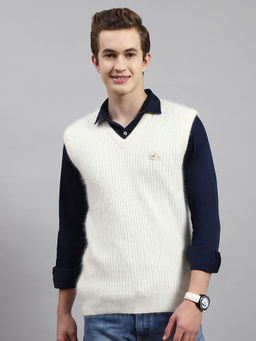 Monte Carlo - Mens Solid Off White V-Neck Sleeveless Sweater