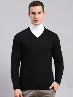 Monte Carlo - Mens Solid Black V-Neck Full Sleeves Sweater
