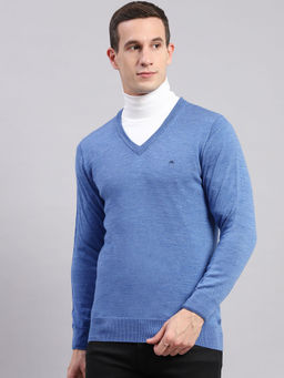 Monte Carlo - Mens Solid Powder Blue V-Neck Full Sleeves Sweater