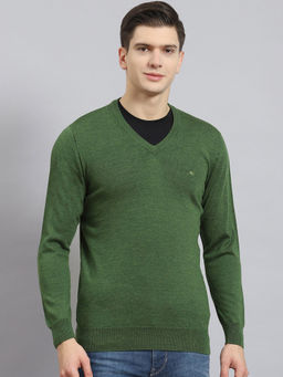 Monte Carlo - Mens Solid Green V-Neck Full Sleeves Sweater