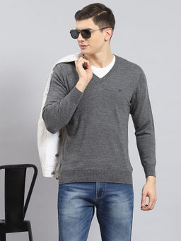 Monte Carlo - Mens Solid Grey V-Neck Full Sleeves Sweater