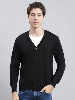 Monte Carlo - Mens Solid Black V-Neck Full Sleeves Cardigan Sweater