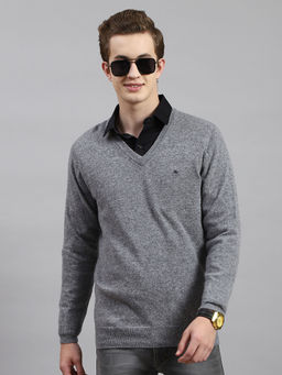 Monte Carlo - Mens Solid Dark Grey V-Neck Full Sleeves Sweater