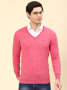 Monte Carlo - Mens Solid Pink V-Neck Full Sleeves Sweater