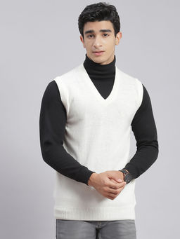 Monte Carlo - Mens Solid White V-Neck Sleeveless Sweater