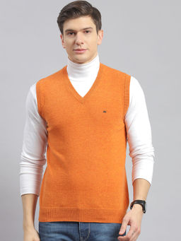 Monte Carlo - Mens Solid Orange V-Neck Sleeveless Sweater