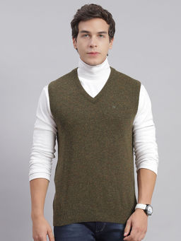Monte Carlo - Mens Solid Olive V-Neck Sleeveless Sweater