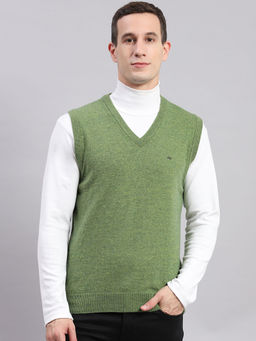 Monte Carlo - Mens Solid Green V-Neck Sleeveless Sweater