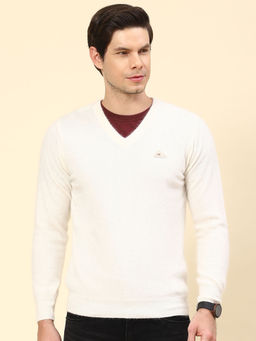Monte Carlo - Mens Solid Off White V-Neck Full Sleeves Pull On Sweater