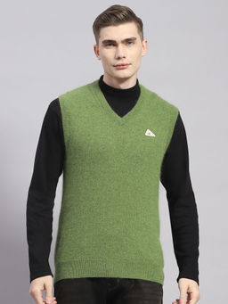 Monte Carlo - Mens Solid Green V-Neck Sleeveless Sweater