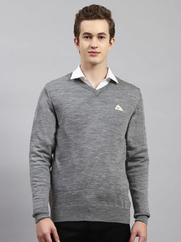 Monte Carlo - Mens Solid Grey V-Neck Full Sleeves Sweater