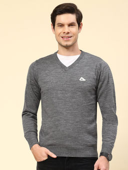 Monte Carlo - Mens Solid Dark Grey V-Neck Full Sleeves Sweater