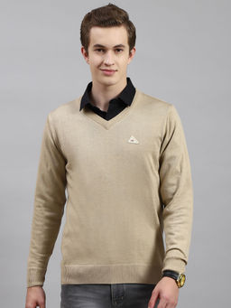 Monte Carlo - Mens Solid Beige V-Neck Full Sleeves Sweater