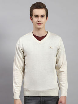 Monte Carlo - Mens Solid Cream V-Neck Full Sleeves Sweater