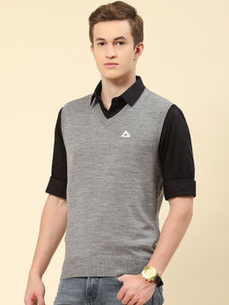 Monte Carlo - Mens Solid Grey V-Neck Sleeveless Sweater