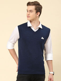 Monte Carlo - Mens Solid Navy Blue V-Neck Sleeveless Sweater