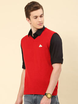 Monte Carlo - Mens Solid Red V-Neck Sleeveless Sweater
