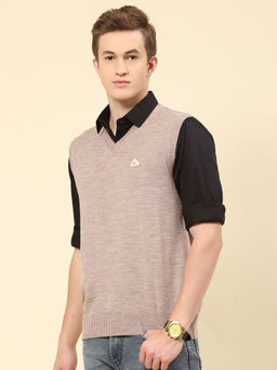 Monte Carlo - Mens Solid Beige V-Neck Sleeveless Sweater