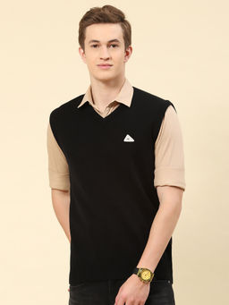Monte Carlo - Mens Solid Black V-Neck Sleeveless Sweater