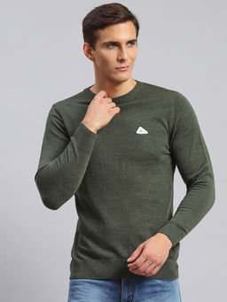 Monte Carlo - Mens Solid Wool Green Round Neck Full Sleeves Sweater