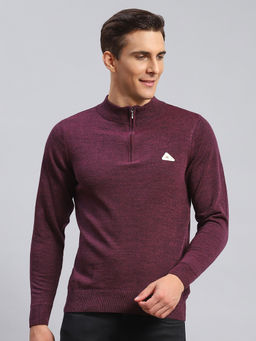 Monte Carlo - Mens Solid Wine High Neck Zip Full Sleeves Sweater
