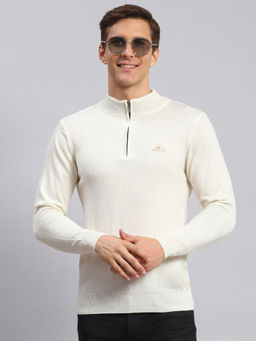 Monte Carlo - Mens Solid Cream High Neck Zip Full Sleeves Sweater
