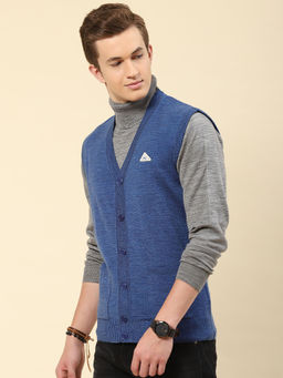 Monte Carlo - Mens Solid Blue V-Neck Sleeveless Cardigan Sweater