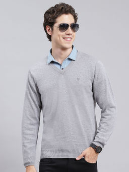Monte Carlo - Mens Solid Grey V-Neck Full Sleeves Sweater
