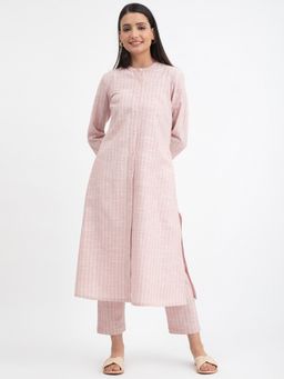 Pink Fort - Cotton A-Line Stripes Pink Kurta with Pants (Set of 2)