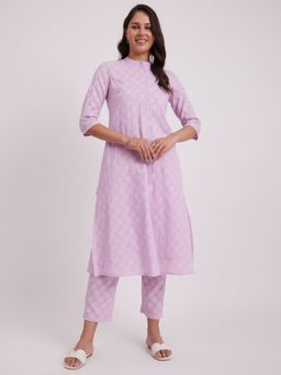 Pink Fort - Cotton Jacquard A-Line Lavender Kurta with Pants (Set of 2)