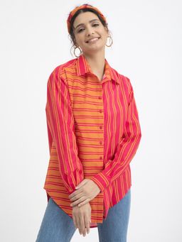 Pink Fort - Cotton Poplin Stripes Shirt Collar Pink & Orange