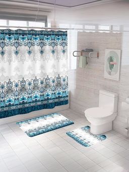 Encasa Homes - Shower Blue Curtain & Bathmat (Set of 3)