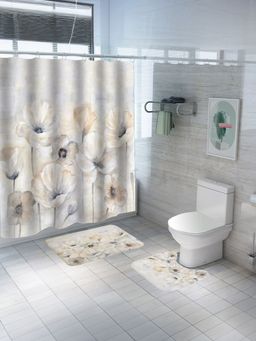 Savya Home - Shower Curtain & Bathroom Mat, Floral Beige (Set of 3)