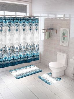 Savya Home - Shower Curtain & Bathroom Mat, Blue Turkish Print (Set of 3)