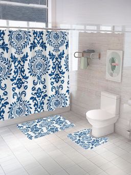 Savya Home - Shower Curtain & Bathroom Mat, Indigo Blue Print (Set of 3)