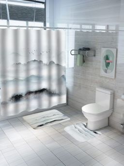 Savya Home - Shower Curtain & Bathroom Mat, Misty Mountains (Set of 3)