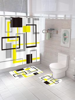 Savya Home - Shower Curtain & Bathroom Mat, Geometric Yellow & Grey (Set of 3)