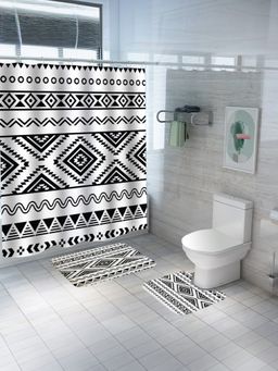 Savya Home - Shower Curtain & Bathroom Mat, Black Aztec (Set of 3)